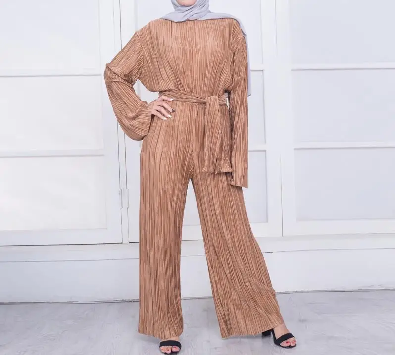Brown Jumpsuit Абая Дубай халат Femme кафтан Марокканский Арабский мусульманский плиссированные комбинезоны Катара широкие брюки комбинезон платья турецкая исламская одежда - Цвет: Brown Jumpsuit