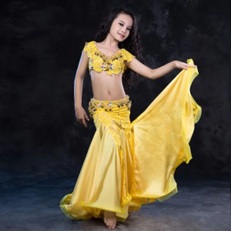 Yellow Костюм для танца живота, Болливуд, танцевальные платья для детей, ручная работа, высокое качество, для восточных танцев, для девочек, для соревнований, одежда, костюм - Цвет: Yellow