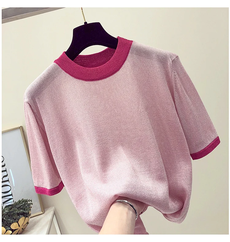 New Simple Striped Tees Women Knitted O-Neck T-shirt Summer Kawaii Pink Ice silk Short Sleeve Tops Female A420 | Женская одежда