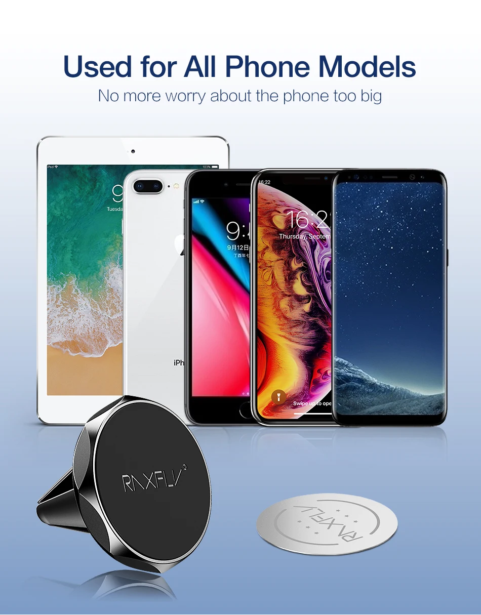 RAXFLY металлический держатель телефона для машины для iPhone 6 6 S Plus X XS Plus для samsung Galaxy S10 S10E S9 плюс автомобильный держатель телефона, устанавливаемое на вентиляционное отверстие в салоне автомобиля для Xiaomi для huawei