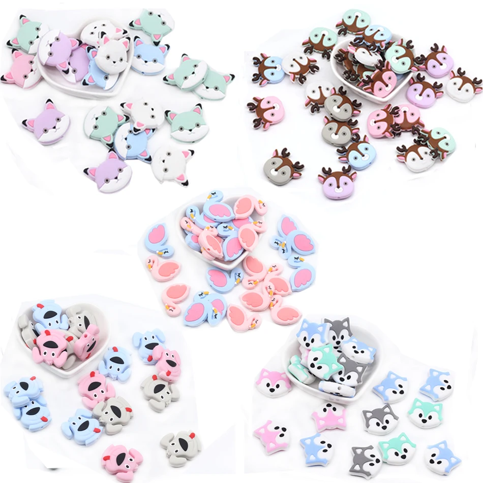 

10pc BPA Free Silicone Beads Baby products Teething Toys Mini Dog Coyote Swan Cat Fawn Silicone Rodent Baby Teether