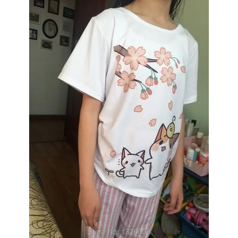 Обувь для косплея; аниме Неко Atsume Повседневное футболка для девочек Для женщин с милым котом короткий рукав Harajuku футболки в стиле «лолита» летние топы, блузка Vestidos