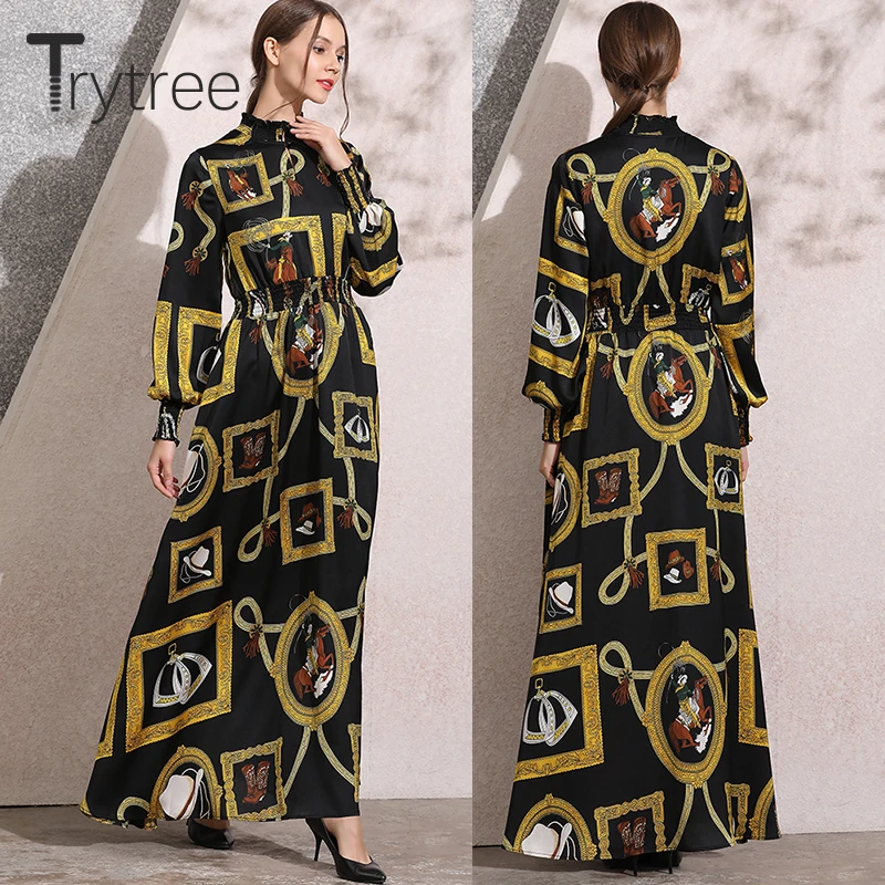 Trytree осеннее платье элегантное винтажное шелковистое женское с принтом рукав