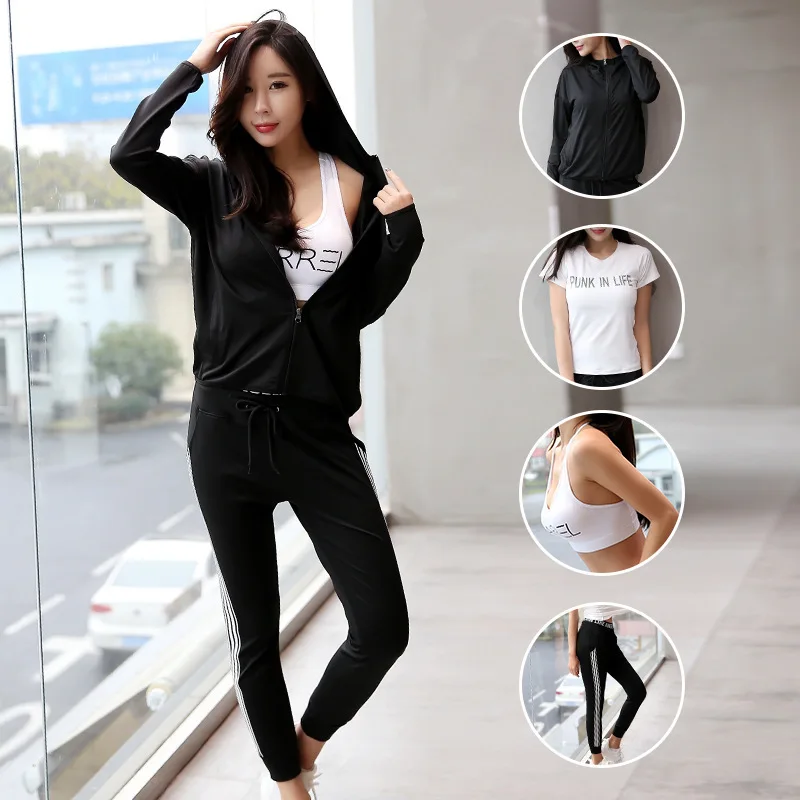 4 pcs blk Комплект для спортзала, женская одежда для йоги и тренировок, короткий рукав, тонкое мягкое женское спортивное пальто, рубашка, бюстгальтер, леггинсы, спортивная одежда, комплект для занятий йогой - Цвет: 4 pcs blk