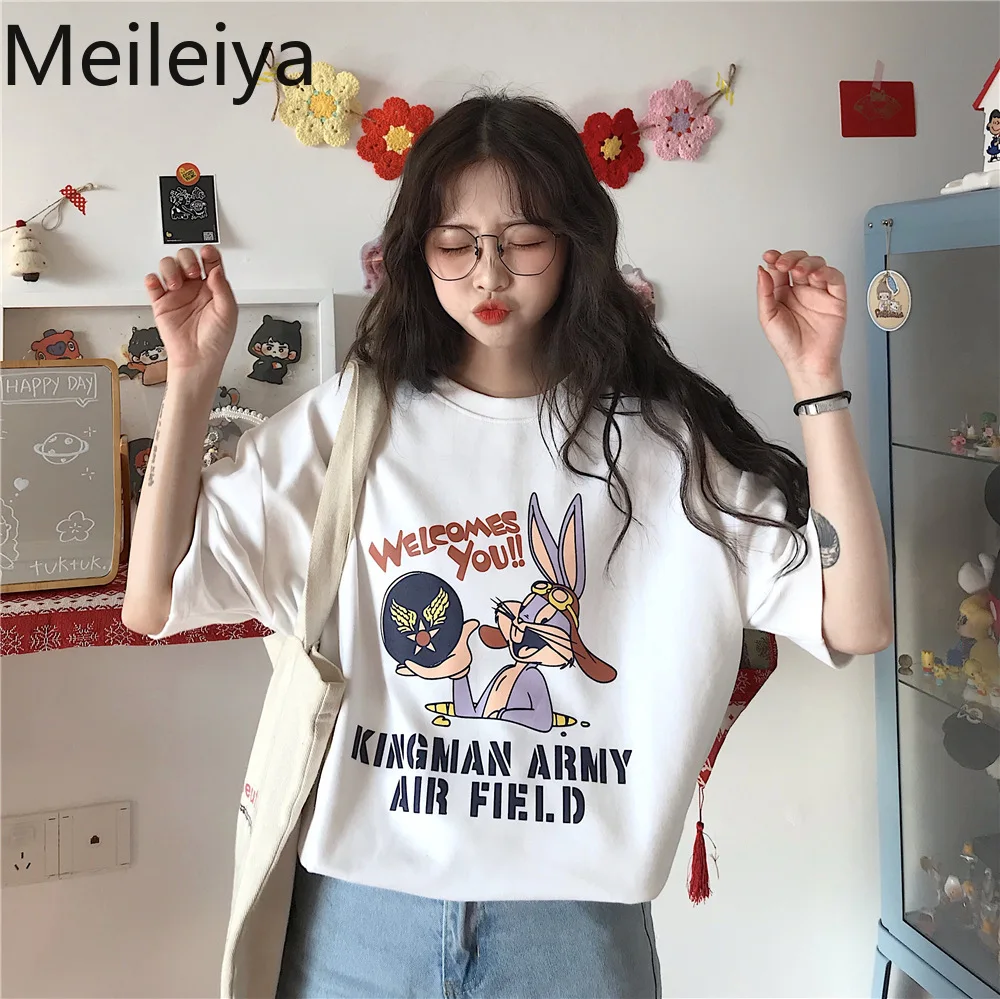 Женская хлопковая Футболка с принтом багса Банни футболка короткими рукавами и