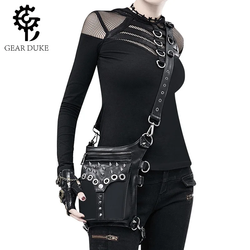 

Gear Duke Steampunk Retro motorcycle bag PU Leather waist bag shoulder Messenger bag female Bag Purse Gothic Acceossories Props