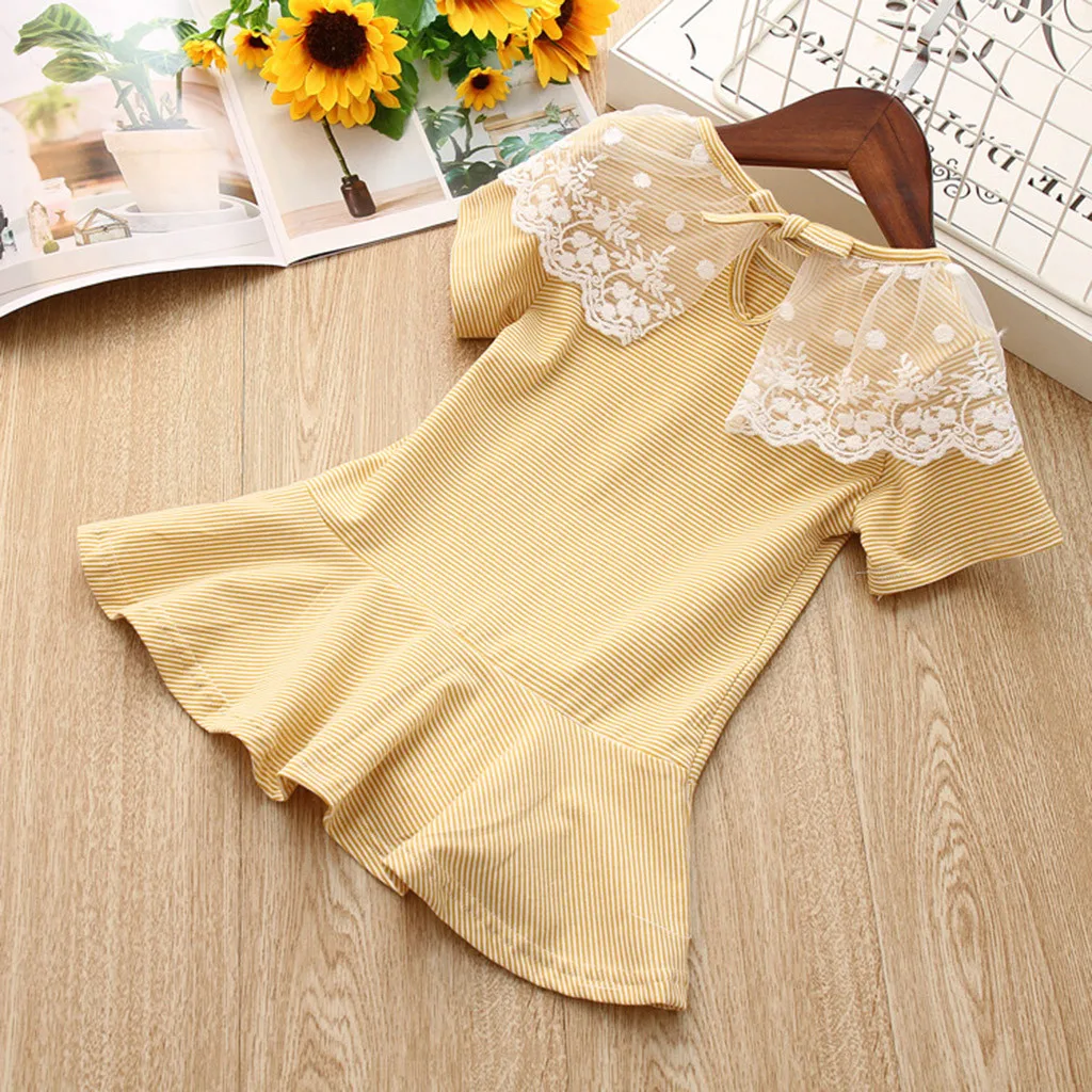 Toddler Kids Baby Girls Clothes Peter Pan Collar O Neck Short Sleeve Stripe Lace Party Princess Dresses Cotton Newborn Costume | Детская