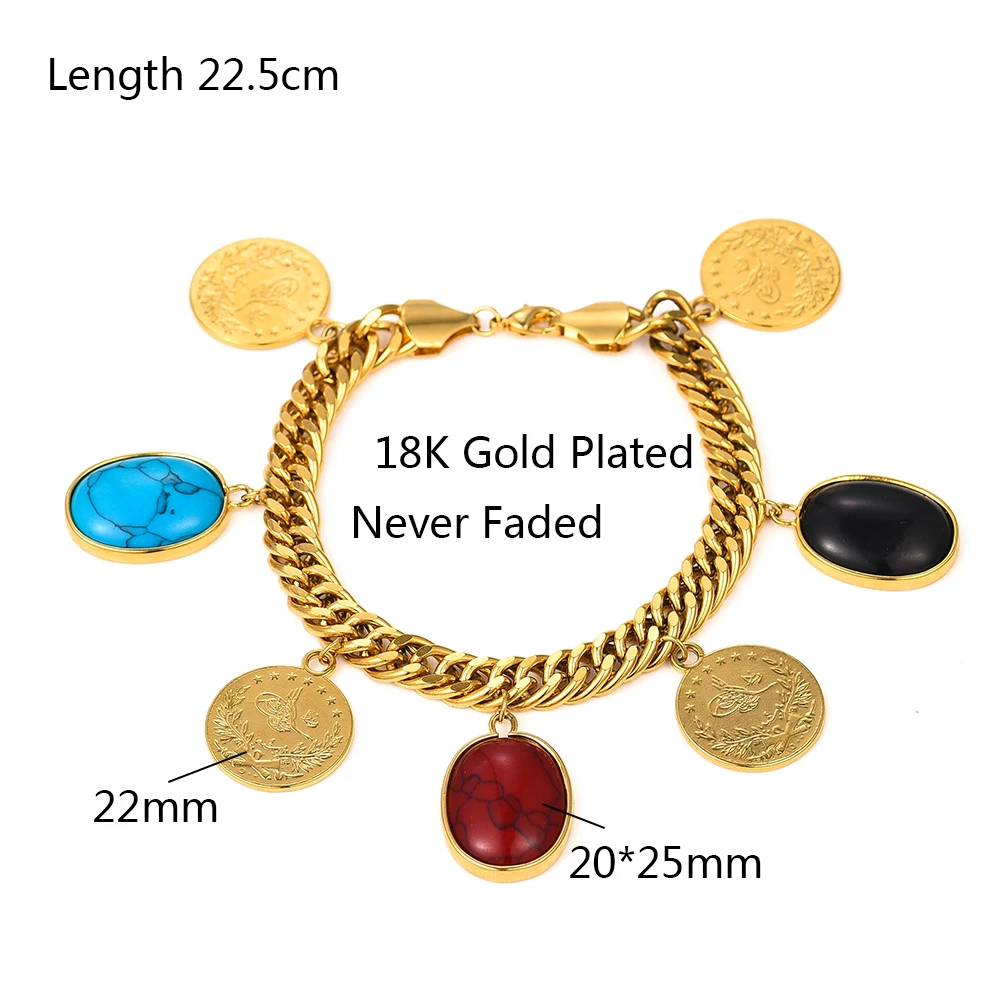 Length 22.5CM/Turkey Coin Bracelet for Women Gold Color Turks Simgesi Osmanli Turasi Muslim Islam Bangle Arab Allah Jewelry