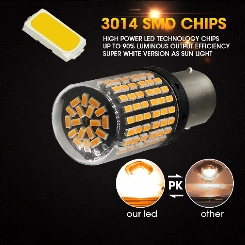 2 шт. Янтарь/Желтый 1156 светодиодный лампы 144SMD BA15S P21W 12V с can-bus указатели поворота 1156A