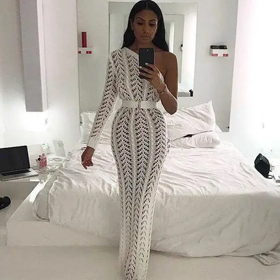 Женское трикотажное длинное платье на одно плечо Платье макси с вырезами Клубные