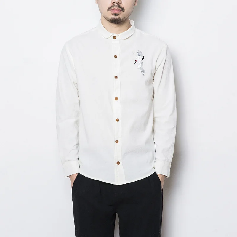

Men's Cotton Linen Shirts Long Sleeve Casual Slim Mandarin Collar top Shirts High Quality Men Business 80s Chinese style Shirts