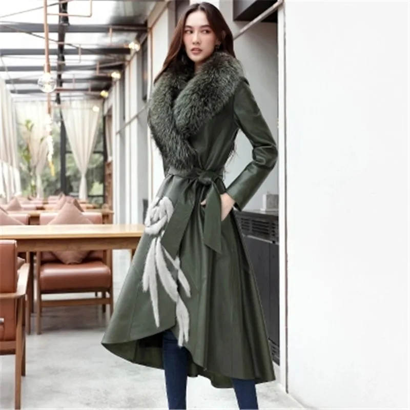 Leather Female 2020 New Winter New Leather Long Coat Fashion Slim Big Fox fur Mao Lingjun Green Women's Leather Clothing D461 enlarge