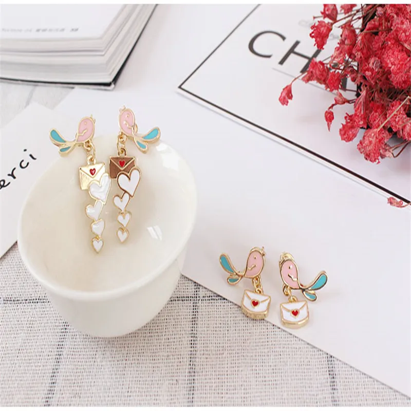 Free shipping women fashion new jewelry Lovely personality bird letters heart earrings Zinc alloy enamel accessories | Украшения и