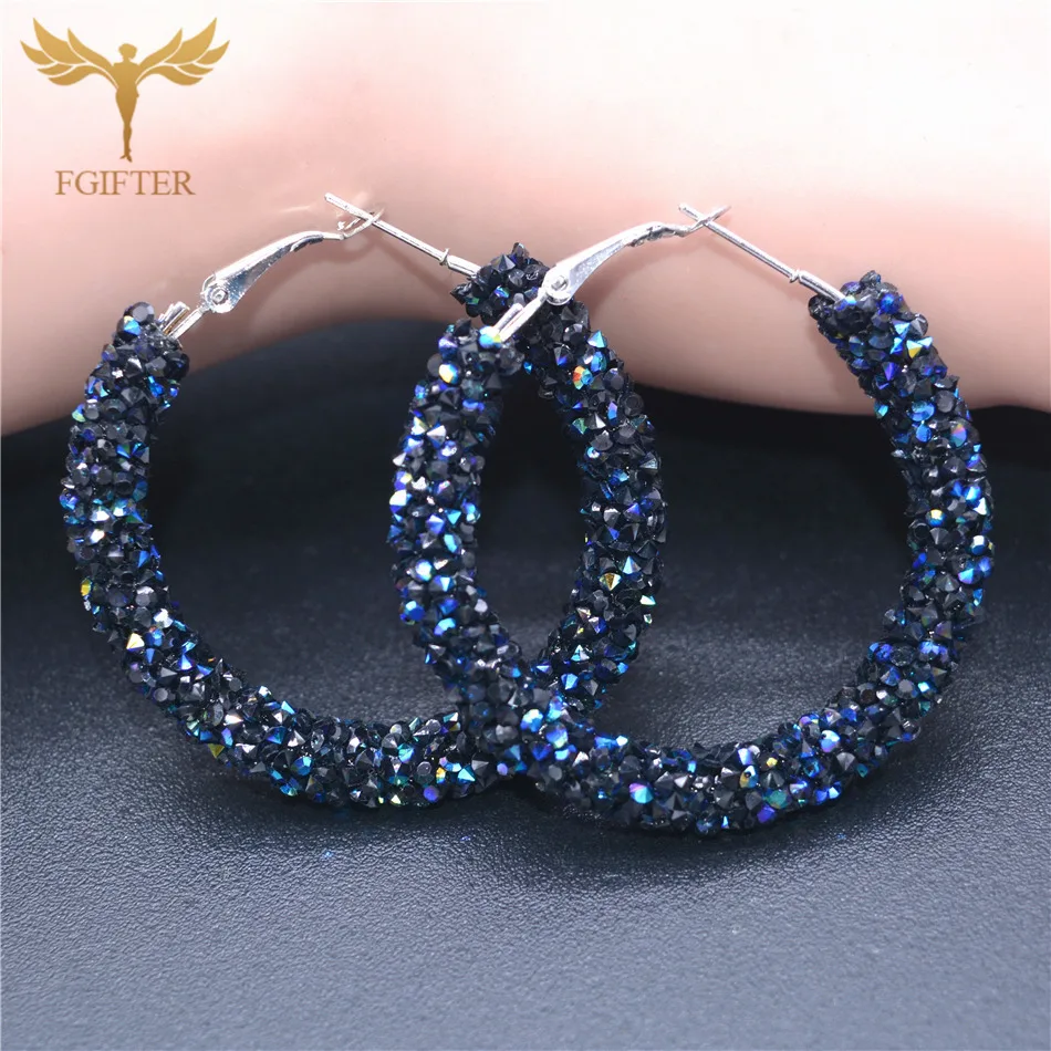 Blue Crystal Round Earrings for Women 48mm Big Hoop Earrings Gold Silver Color Cuff Hoops Woman Earrings Circles Jewelry