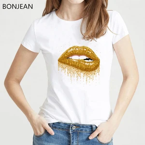 Футболка женская с принтом в виде губ, с золотыми блестками, ЛГБТ, топы с изображением губ