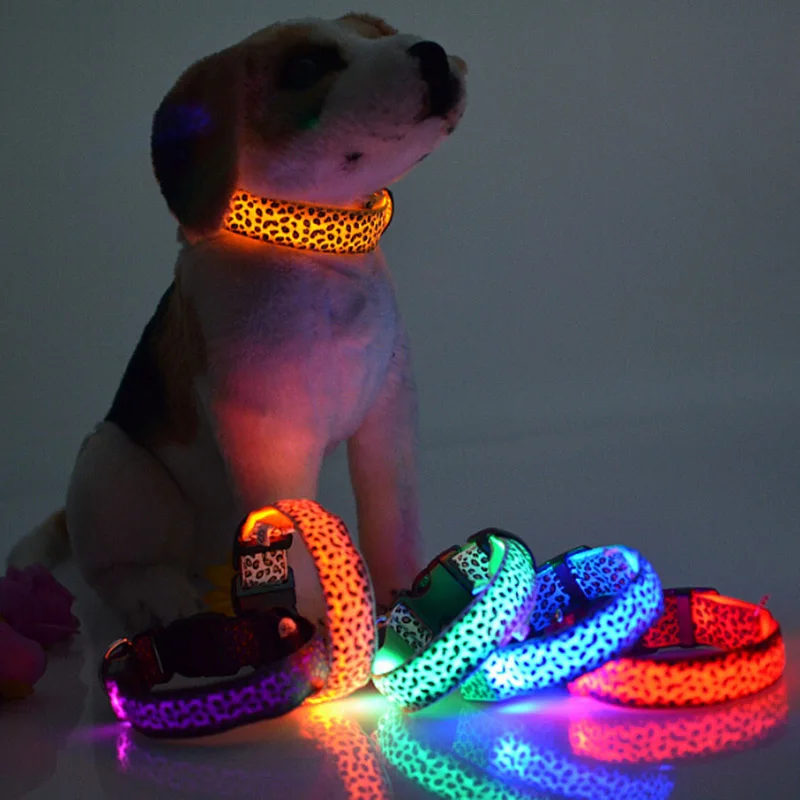

Safety Nylon LED Pet Dog Collar LED Luminous Flash Light Leopard Series Pet Collar 2.5cm Wide Pet Products For Small Medium Dogs