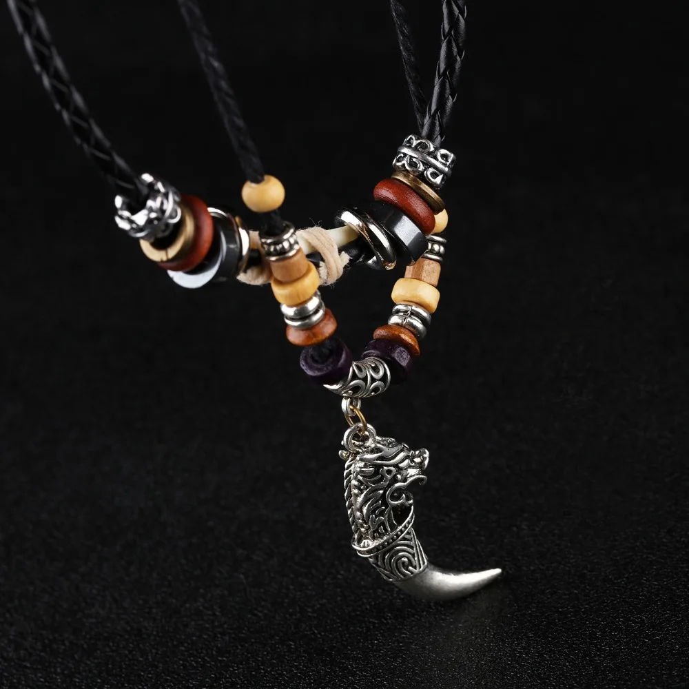 AMOURJOUX Rock Wolf Head Colored Beads Two Layers Braid Genuine Leather Chain Pendant Necklace For Women Men Long Sweater | Украшения и