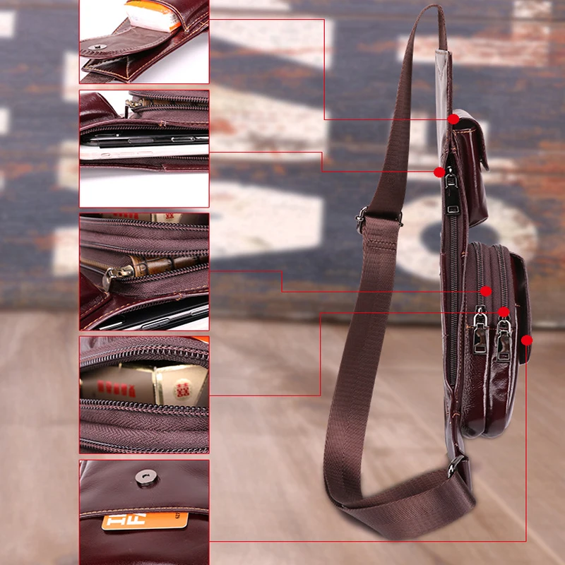 Мужская нагрудная сумка из натуральной кожи с несколькими карманами маленькая