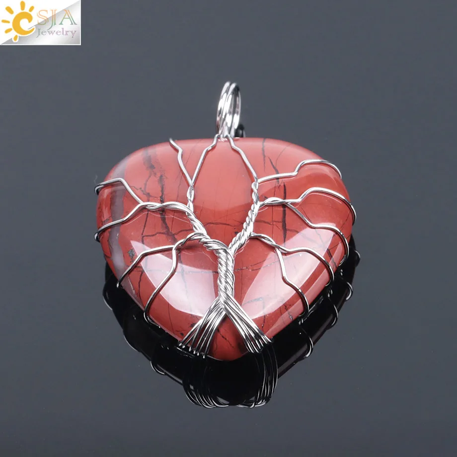 Red Jasper CSJA "Древо жизни" проволочный обернутый Любовь Сердце ожерелье и подвеска натуральный драгоценный камень тигровый глаз розовый кварц черный оникс F053 - Окраска металла: Red Jasper