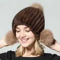 qiusidun real womans mink knit hat fox hair ball fur hat thick winter warm hat russian female black fur hats earmuffs hat red