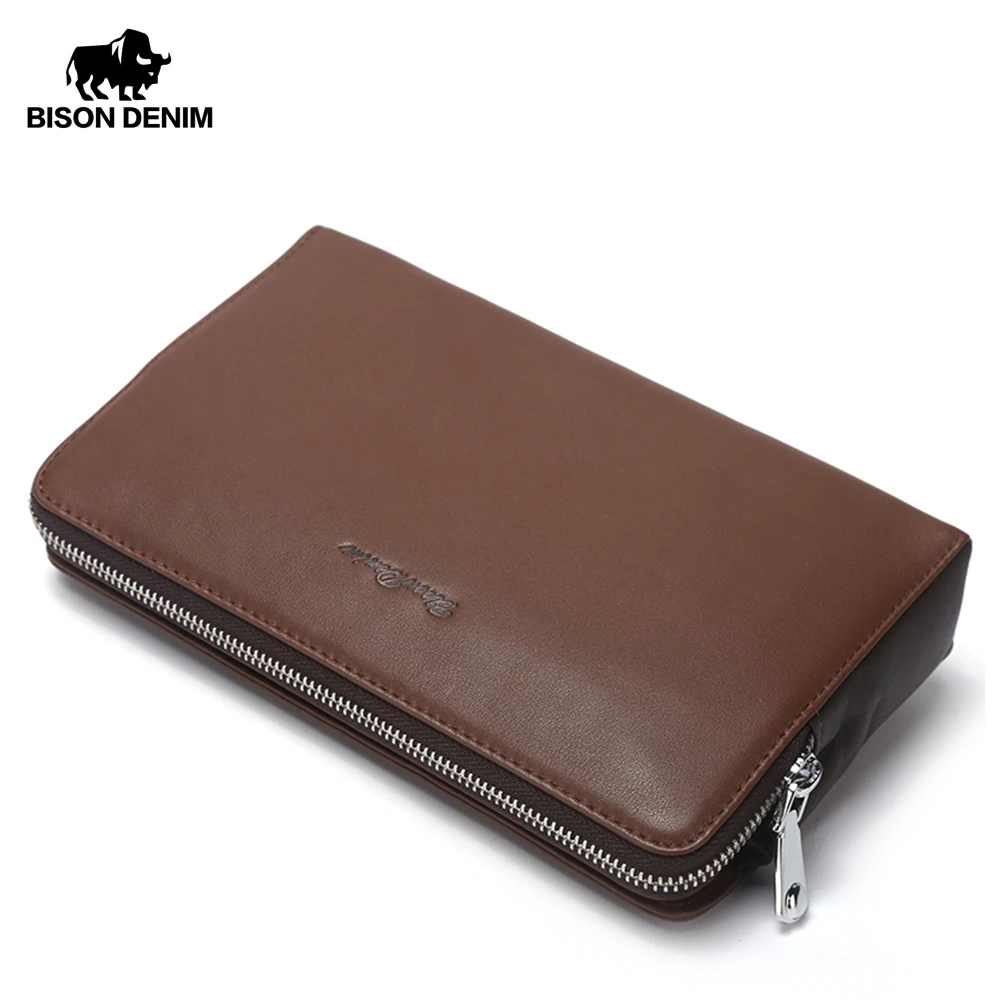 Мужской клатч из натуральной кожи BISON DENIM черный бумажник на молнии Длинный