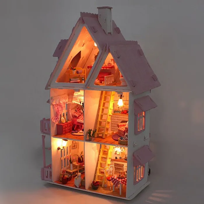 Розовый Мини DIY дом игрушки QUYIYA прекрасный DIY строительные блоки ручной работы вилла 42 см высота принцесса дом мечты день рождения подарки для девочек