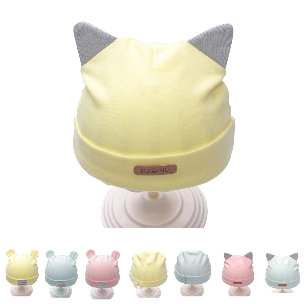 Однотонные шапки для новорожденных хлопковые девочек и мальчиков с бантом 2018