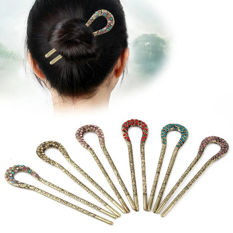 Retro Hair Jewelry Antique Bronze Sticks U Shape Hairpins Women Vertical Clip Rhinestone Flower Accessories | Украшения и