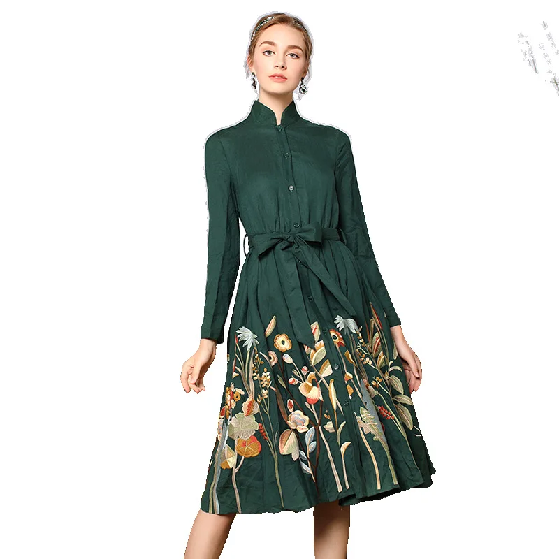 

Best Quality Dress 2019 Spring Autumn Vestido Women Luxurious Embroidery Long Sleeve Mid-Calf Vintage Long Coat Dress Plus Size