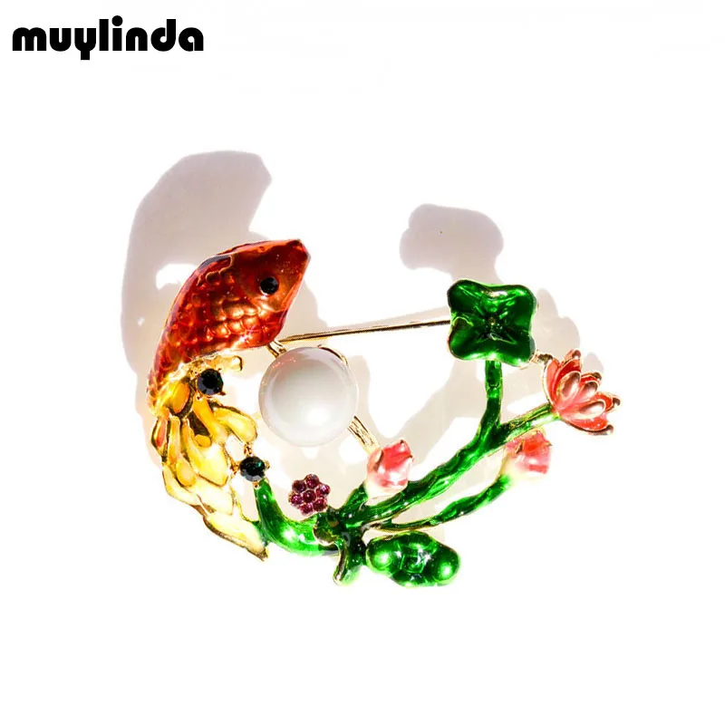 Muylinda, винтажная эмалированная брошь, китайский стиль, рыба, жемчуг, брошь и булавки, для банкета, ювелирное изделие для женщин