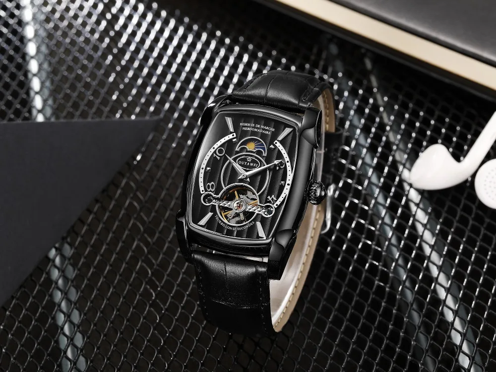 OUYAWEI мужские часы лучший бренд класса люкс Tonneau чехол Tourbillon автоматические механические фаза Луны Мужские часы кожаный ремешок наручные часы