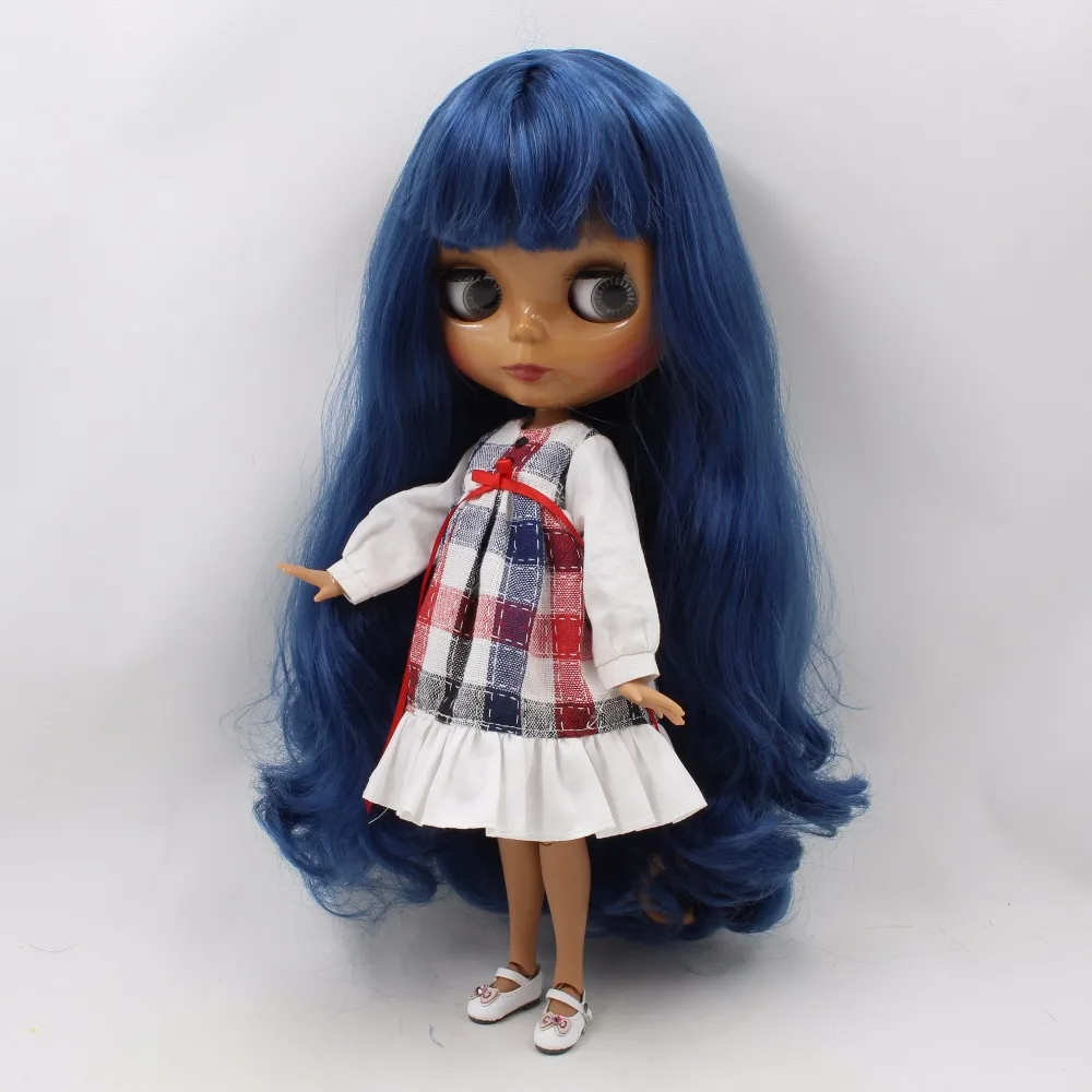 Ледяной DBS Blyth кукла 1/6 bjd синие волосы темная кожа блестящее лицо совместное тело