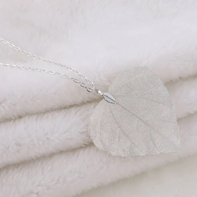 Silver LOVBEAFAS, уникальные Длинные кулон Цепочки и ожерелья Для женщин Ювелирная цепочка Любовь Сердце с надписью Best Friend, Натуральный Реальный лист Свадебные Цепочки и ожерелья вечерние подарок - Окраска металла: Silver