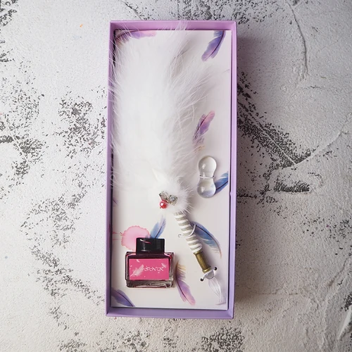White fluffy hair JUGAL Милая перьевая Стеклянная Ручка Dip Pen Золотая пудра чернила высокого класса Подарочная коробка набор перьевых ручек школьные принадлежности для письма товары для творчества - Цвет: White fluffy hair