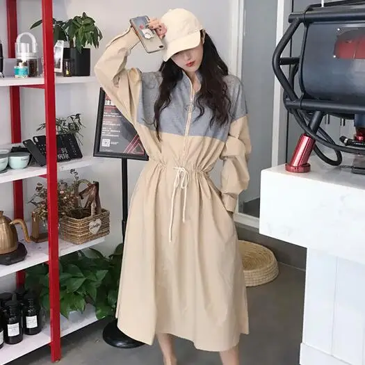 Лоскутная Толстовка Платья женские с длинным рукавом хит цвета Drawstring миди платье