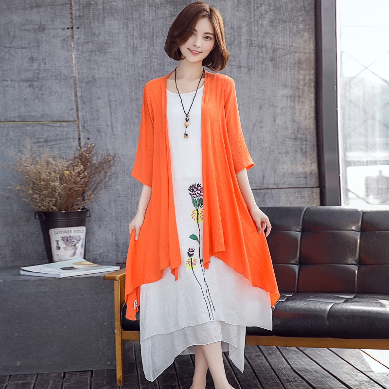 Retro 2019 Women Dress Soft Linen Cotton kimono Vintage Print Floral Two Piece Set Plus Size Long Summer Vestidos | Женская одежда