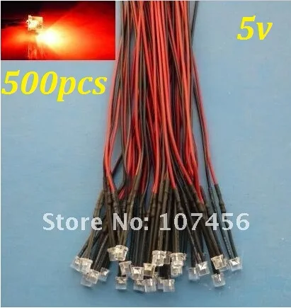 Free shipping 500pcs Flat Top Red LED Lamp Light Set Pre-Wired 5mm 5V DC Wired 5mm 5v big/wide angle red led