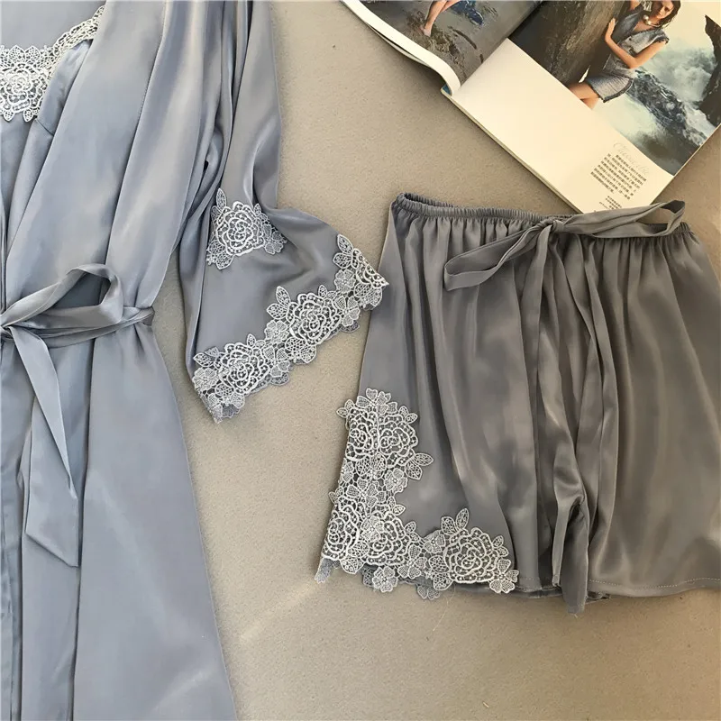 

Fdfklak 3 PCS Sexy Tracksuit Women Spring Summer Silk Satin Pyjamas Women Short Pajamas Set Home Clothes Women's Pajamas Suit