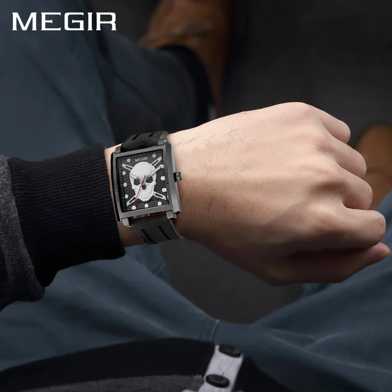 Мужские часы Megir Cool Bone роскошные брендовые креативные новые черные мужские с