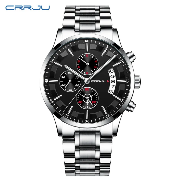 S silver black Мужские часы CRRJU Топ бренд водонепроницаемые спортивные часы с хронографом мужские повседневные кварцевые часы из нержавеющей стали Relogio Masculino - Цвет: S silver black