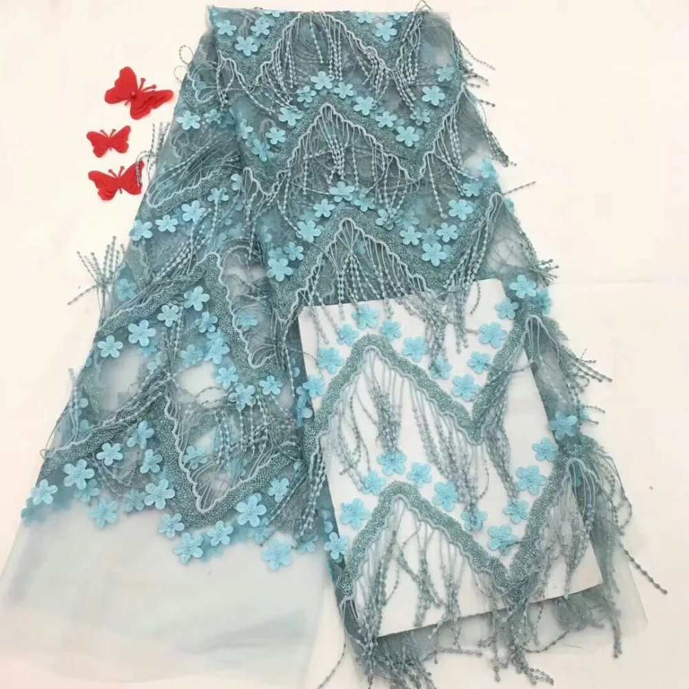 French tulle lace fabric 2018 royal blue 3d tassel fashion for nigerian wedding dress 5 yard/lot fjc9-20pp |
