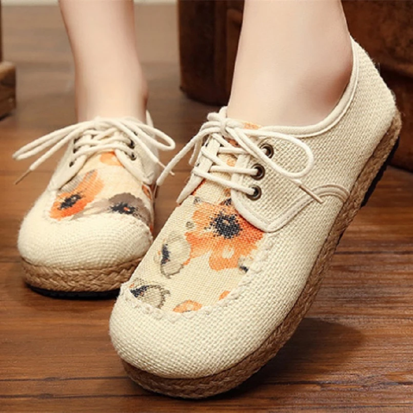 

Cresfimix chaussures pour femmes women fashion beige canvas shoes female comfortable lace up flat platform street shoes a2156
