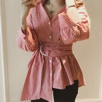 autumn korean ulzzang womens plus size v neck tops and blouses ladies casual oversized long sleeve striped shirts blusas mujer