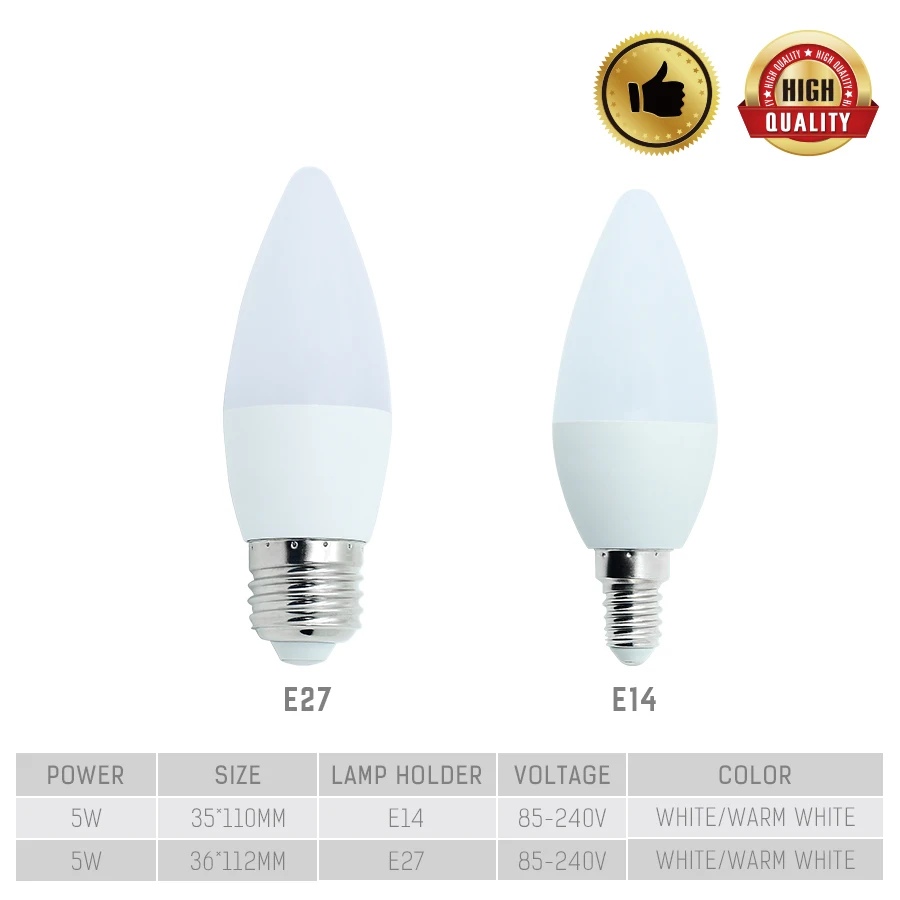 E27 E14 Светодиодная лампа Внутреннее освещение люстра настольная AC85 240V свеча