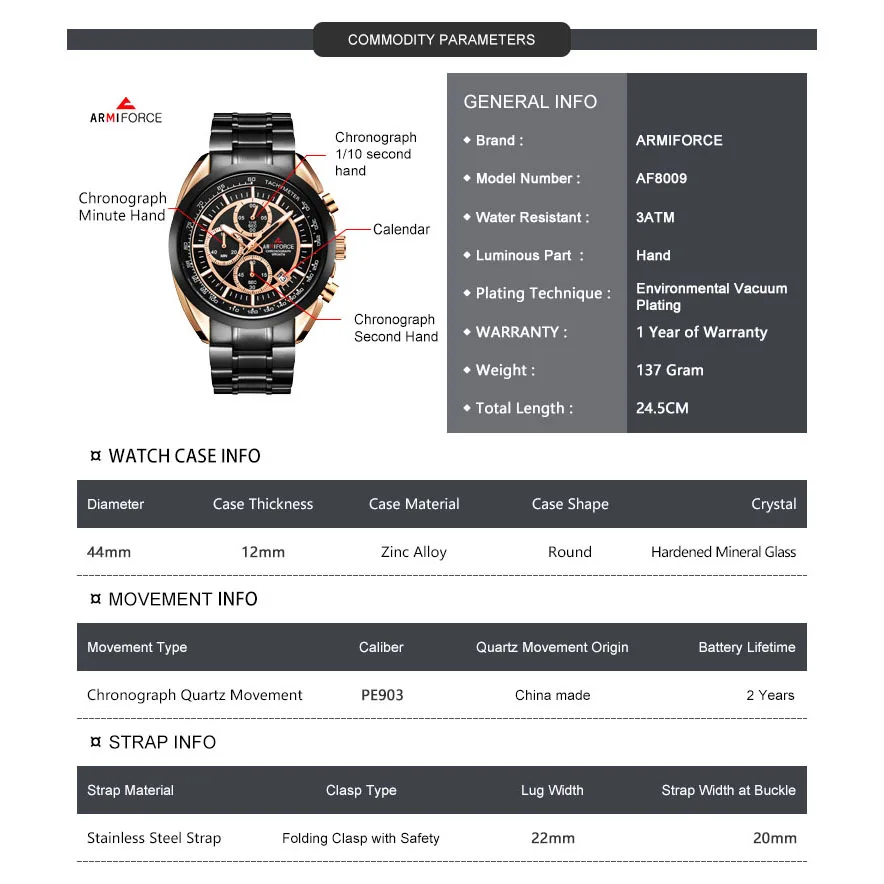 ARMIFORCE модный хронограф мужские часы полностью из нержавеющей стали Кварцевые