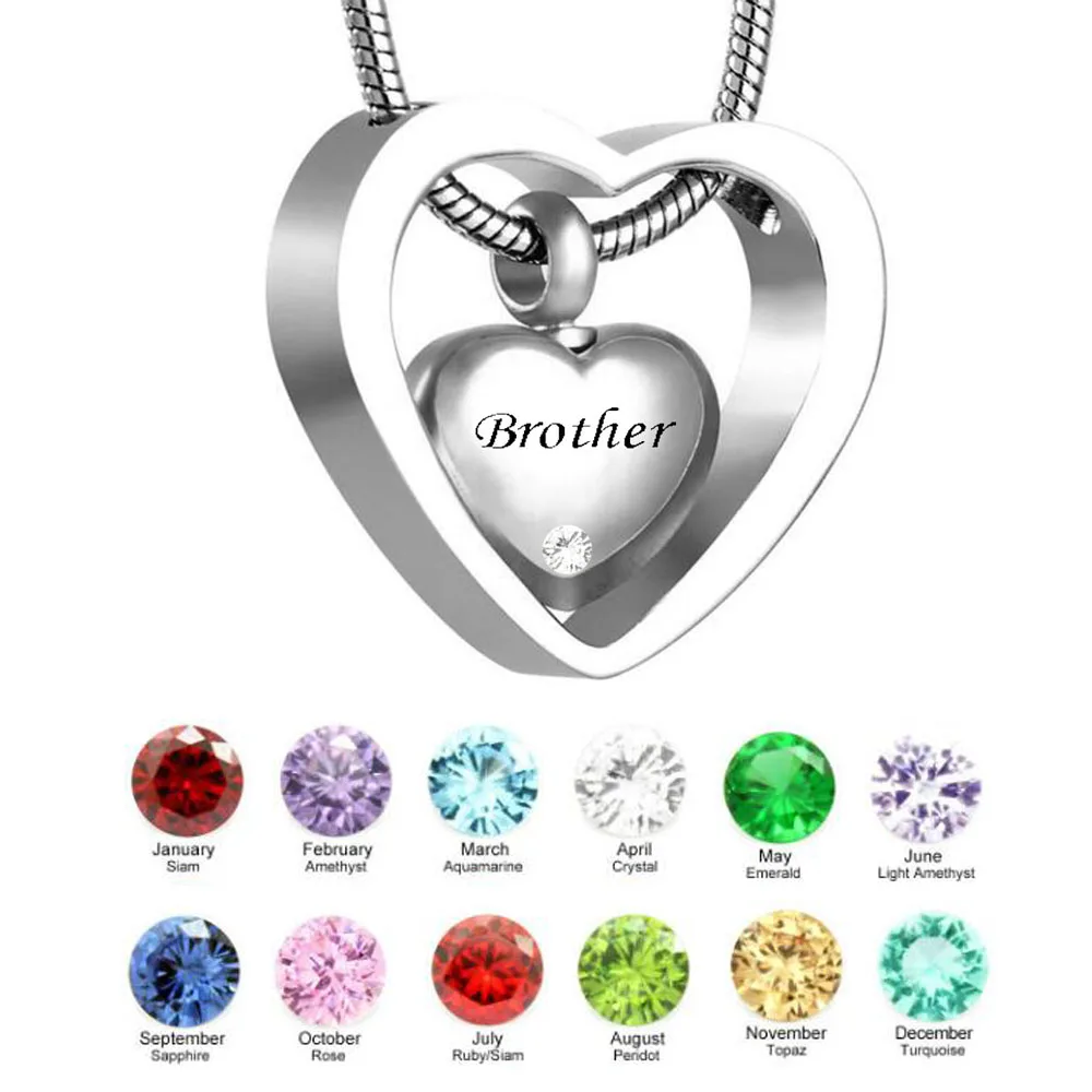 

custom Double Heart brother Twelve months birthstone Urn Necklace Pendant with Funnel ashes Keepsake Cremation jewelry