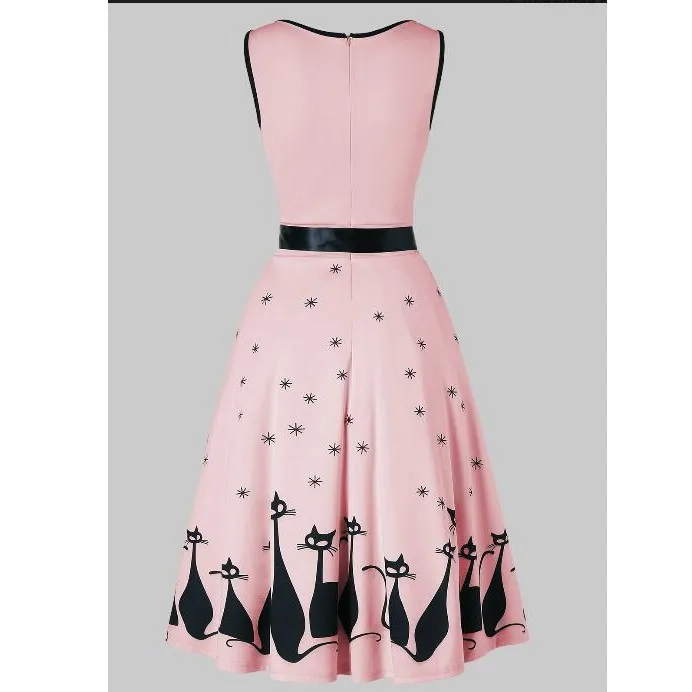Audrey Hepburn 1960s Party Dress Sexy V Neck Sleeveless Belts Women Retro Cat Print Rockabilly Swing Vestidos Robe | Женская одежда