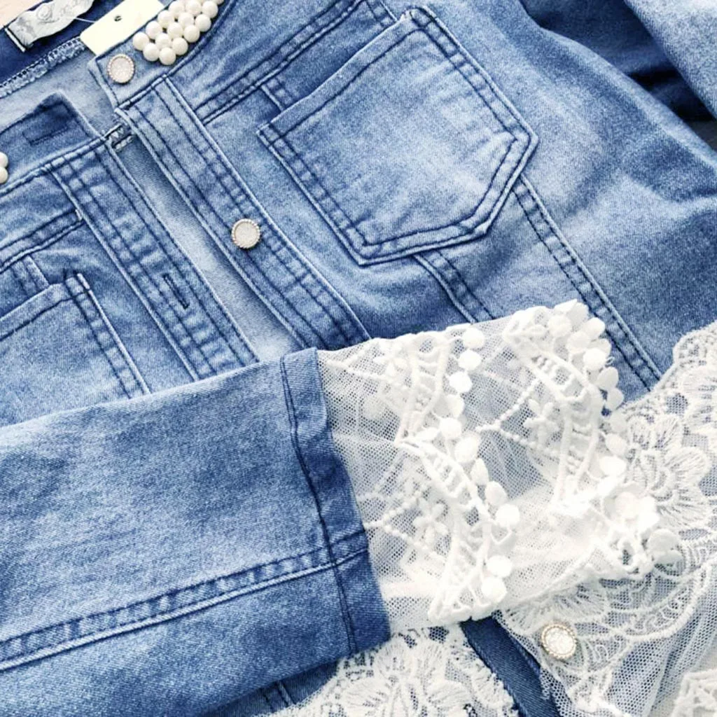 Женские джинсовые куртки крутая мягкая женская Повседневная кружевная