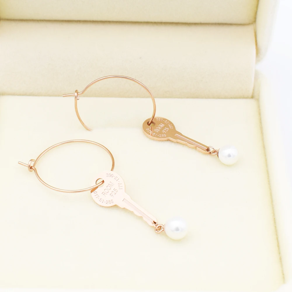 Rose Gold Hoop Earrings New Fashion Women Jewelry Key & Pearl Wholesale Stainless Steel For | Украшения и аксессуары