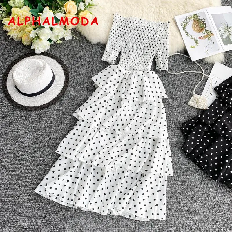 Женское шифоновое платье ALPHALMODA в горошек с оборками эластичное высокой талией на